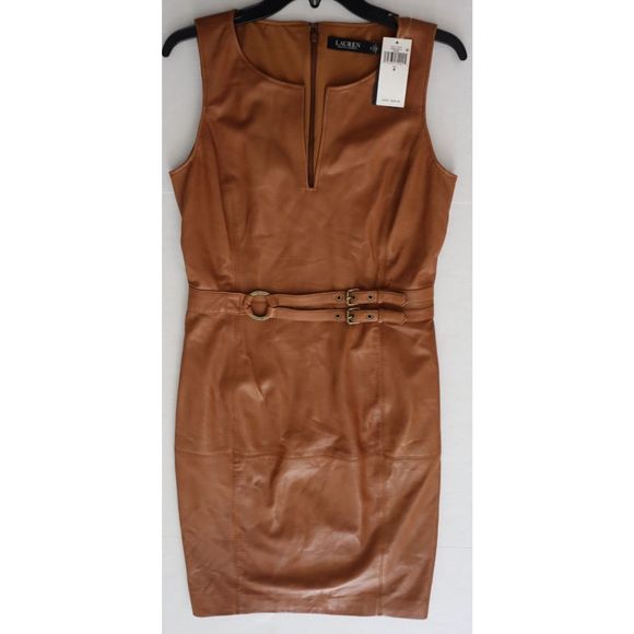 Lauren Ralph Lauren Women Sz 6 Brown Lamb Leather Sleeveless Sheath Dress $595 - Picture 6 of 13